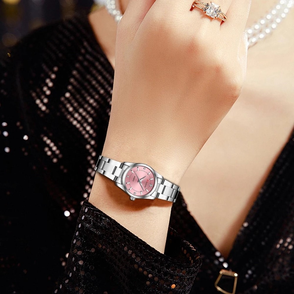 Rhinestone Minimalist Watch Fashionable Stainless Steel Pink Dial Timepiece For Outdoor And Travel 3
