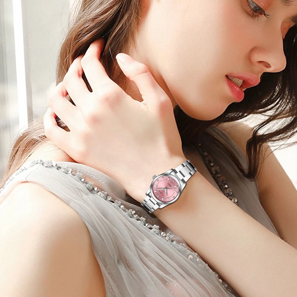 Rhinestone Minimalist Watch Fashionable Stainless Steel Pink Dial Timepiece For Outdoor And Travel 4