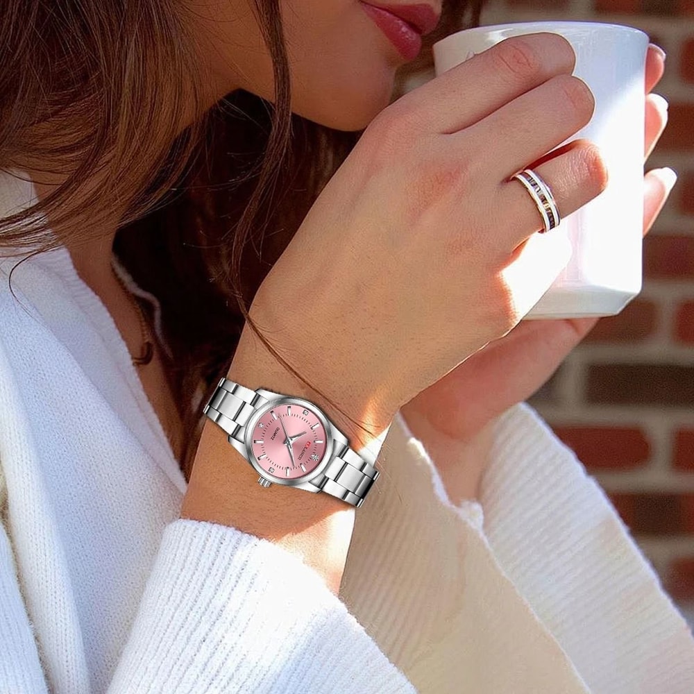 Rhinestone Minimalist Watch Fashionable Stainless Steel Pink Dial Timepiece For Outdoor And Travel 5