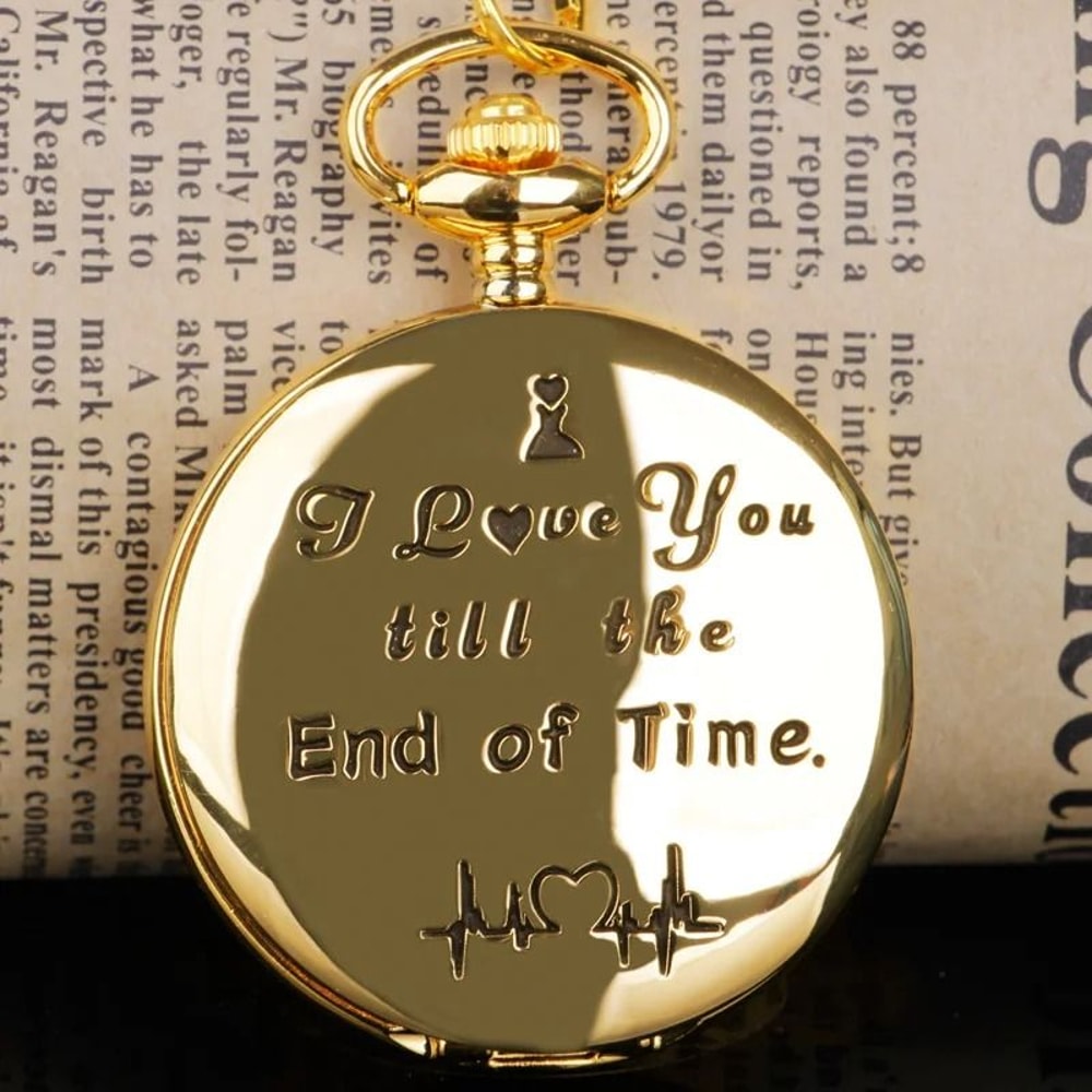 I Love You Golden Quartz Pocket Watch Elegant Couples Gift Pendant And HighQuality 0