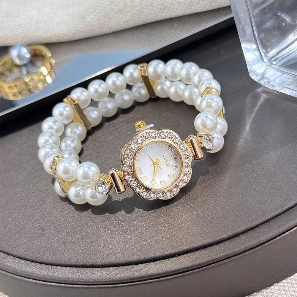 Vintage Pearl DiamondEncrusted Elastic Bracelet Watch Luxury Quartz Wristwatch With Convenient St 1