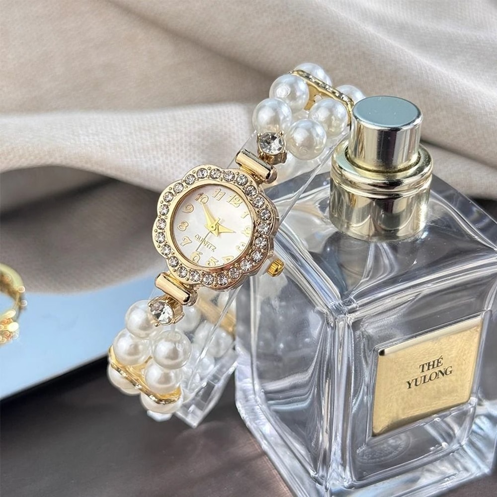 Vintage Pearl DiamondEncrusted Elastic Bracelet Watch Luxury Quartz Wristwatch With Convenient St 4