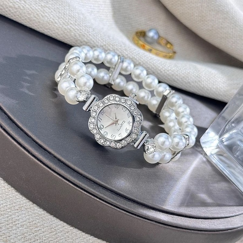 Vintage Pearl DiamondEncrusted Elastic Bracelet Watch Luxury Quartz Wristwatch With Convenient St 5