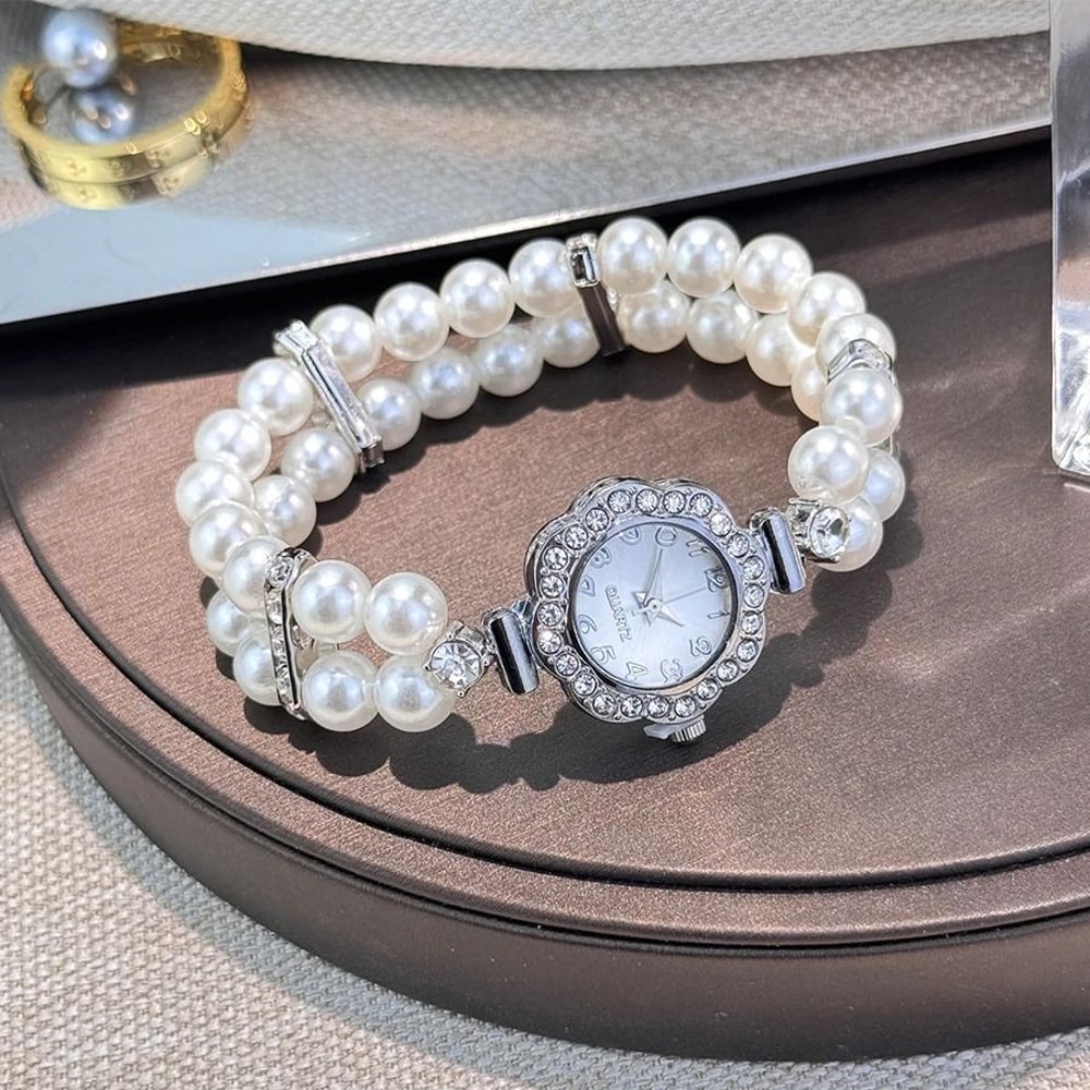 Vintage Pearl DiamondEncrusted Elastic Bracelet Watch Luxury Quartz Wristwatch With Convenient St 6