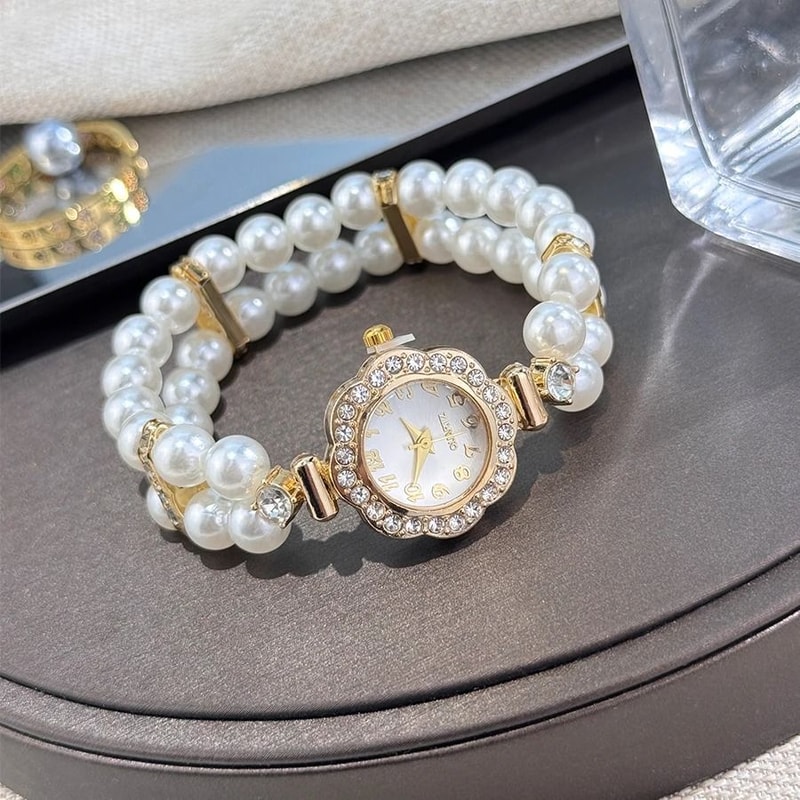 Vintage Pearl DiamondEncrusted Elastic Bracelet Watch Luxury Quartz Wristwatch With Convenient St 8