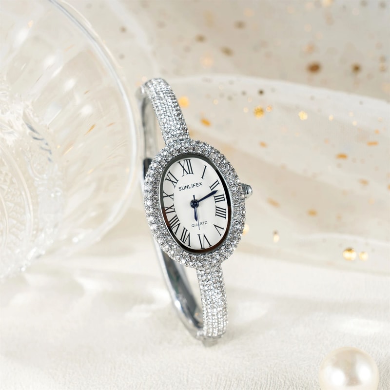 Elegant Oval Rhinestone Bracelet Watch Luxury Roman Numeral Waterproof Quartz Timepiece For Women 2
