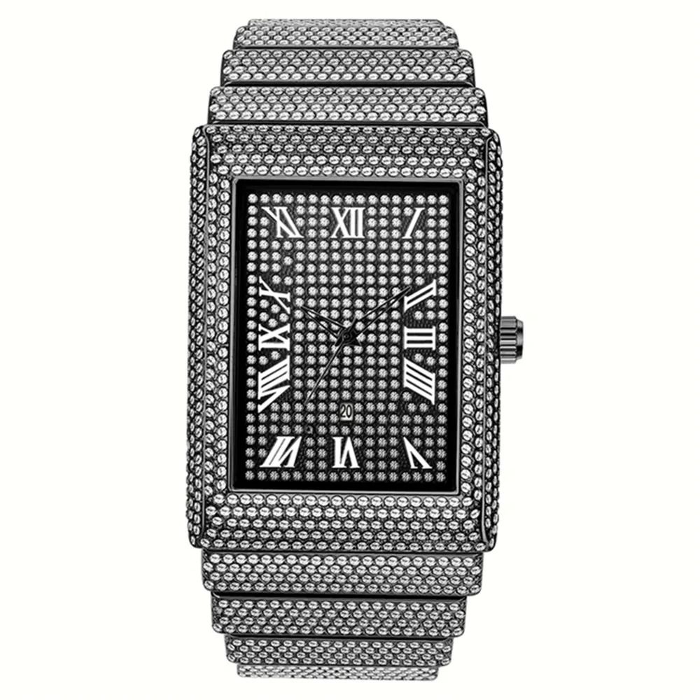 Luxury IcedOut Rectangular Executive Watch HipHop Diamond Date Quartz Timepiece In Lustrous Gold 9