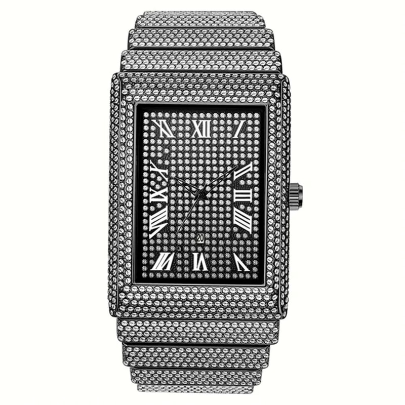 Luxury IcedOut Rectangular Executive Watch HipHop Diamond Date Quartz Timepiece In Lustrous Gold 9