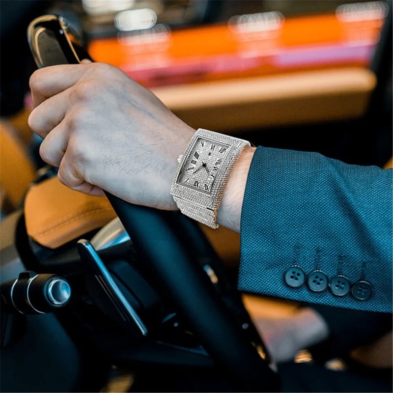 Luxury IcedOut Rectangular Executive Watch HipHop Diamond Date Quartz Timepiece In Lustrous Gold 2