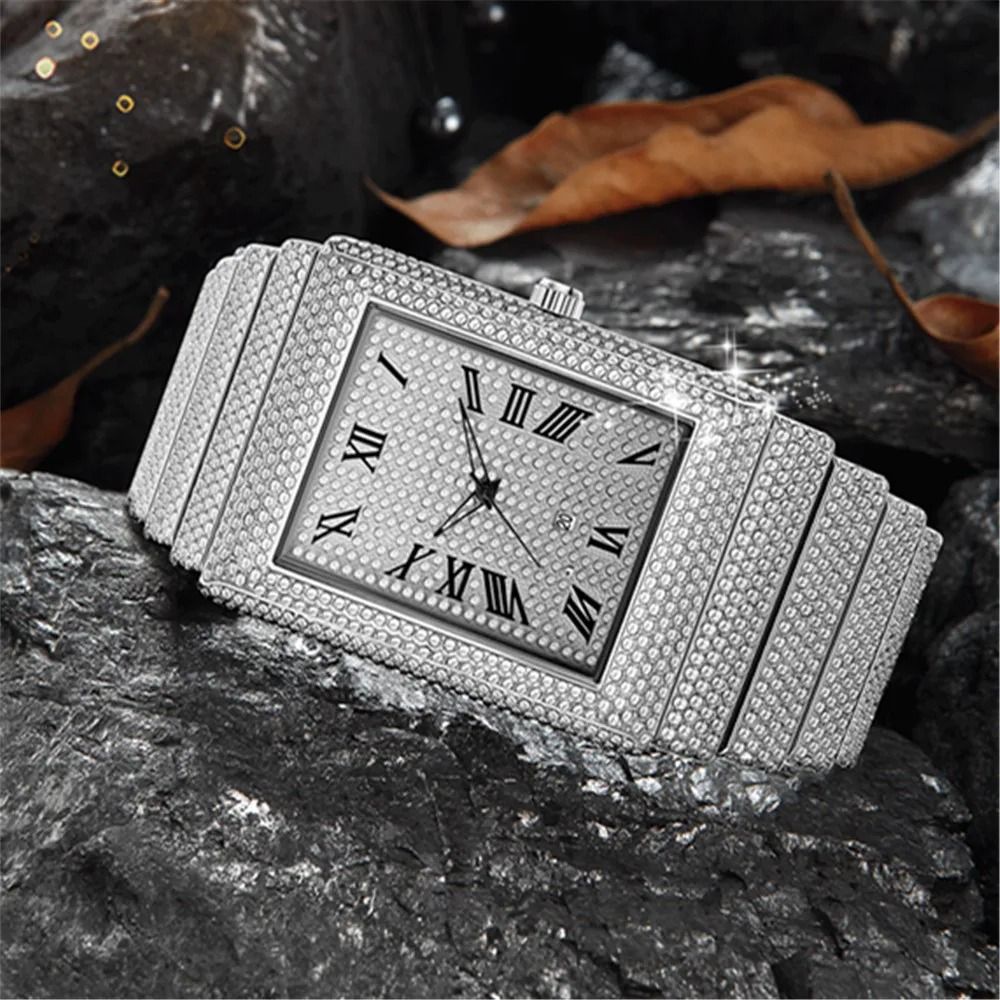 Luxury IcedOut Rectangular Executive Watch HipHop Diamond Date Quartz Timepiece In Lustrous Gold 4