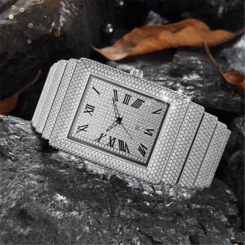 Luxury IcedOut Rectangular Executive Watch HipHop Diamond Date Quartz Timepiece In Lustrous Gold 4