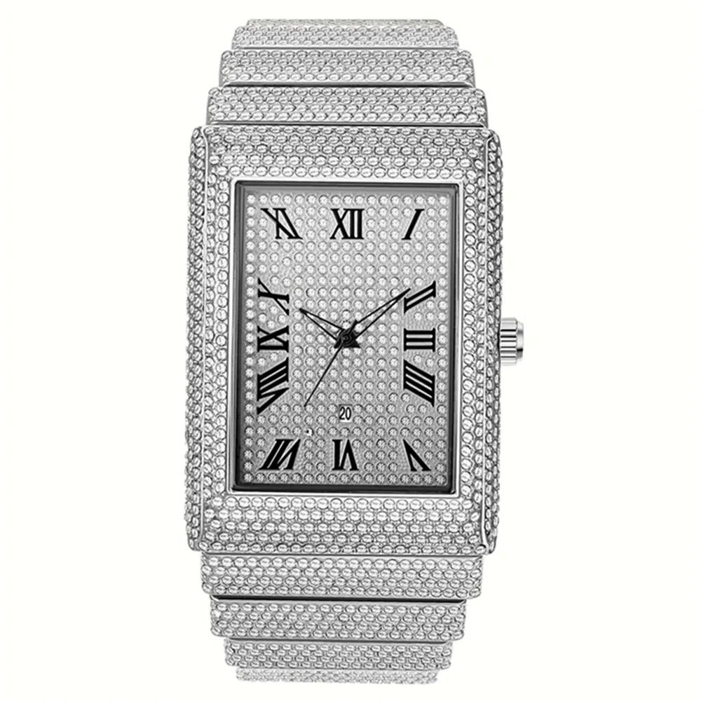 Luxury IcedOut Rectangular Executive Watch HipHop Diamond Date Quartz Timepiece In Lustrous Gold 7