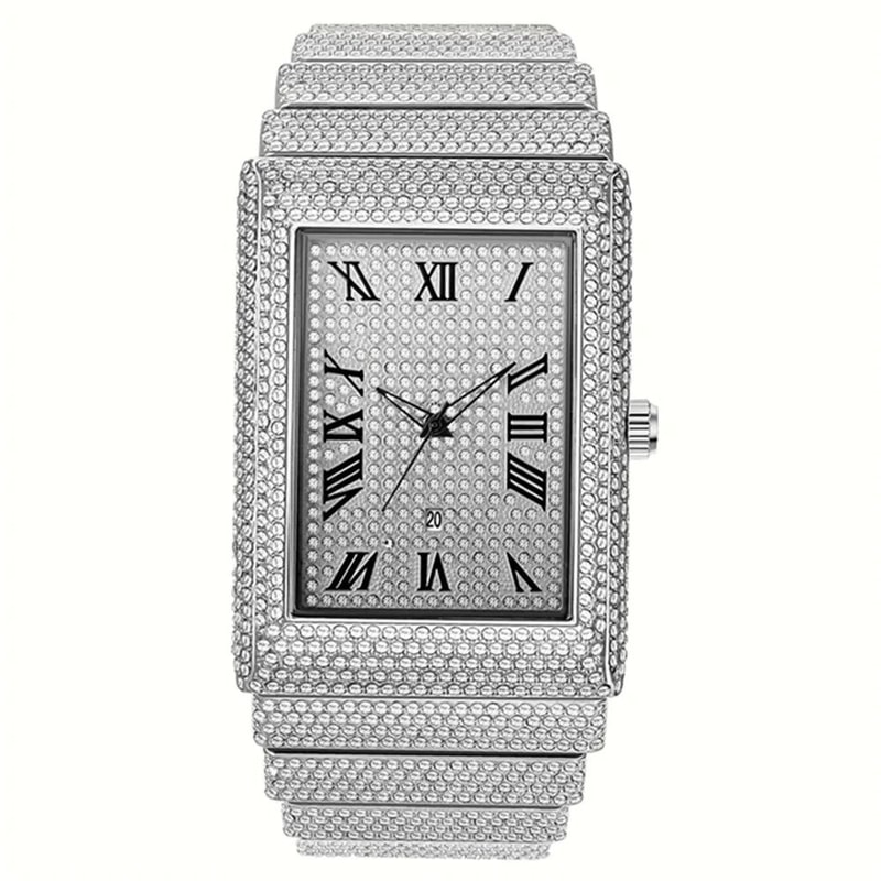 Luxury IcedOut Rectangular Executive Watch HipHop Diamond Date Quartz Timepiece In Lustrous Gold 7
