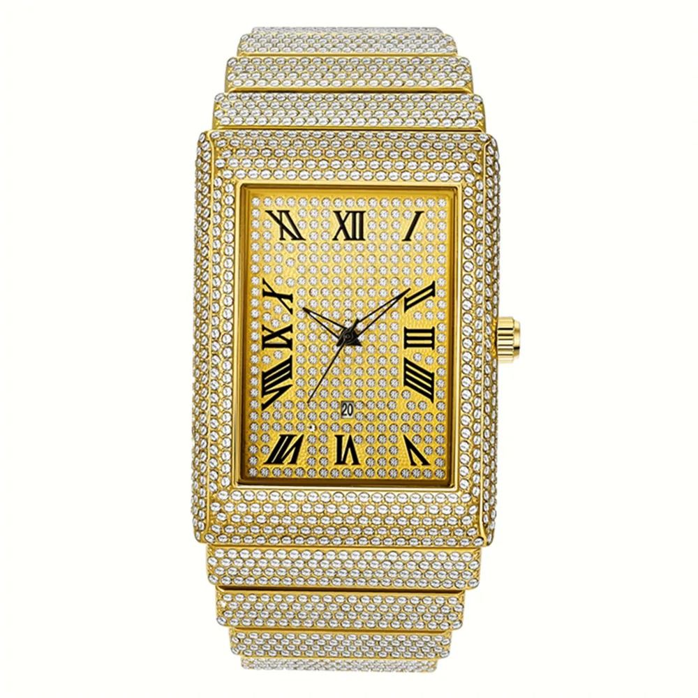 Luxury IcedOut Rectangular Executive Watch HipHop Diamond Date Quartz Timepiece In Lustrous Gold 8