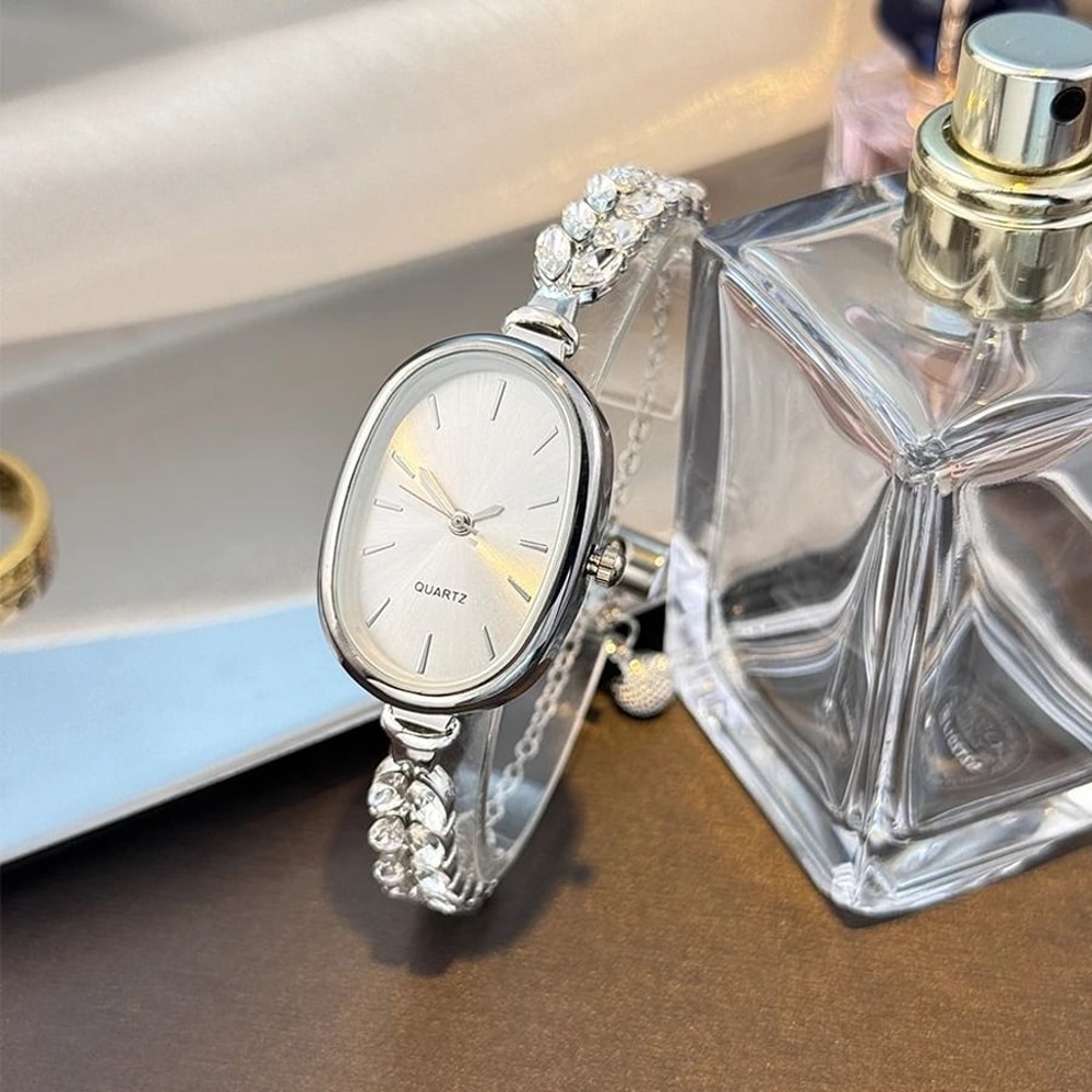 Oval LeafDiamond Bracelet Watch Super Convenient PullCord Quartz Timepiece With NatureInspired Acc 9