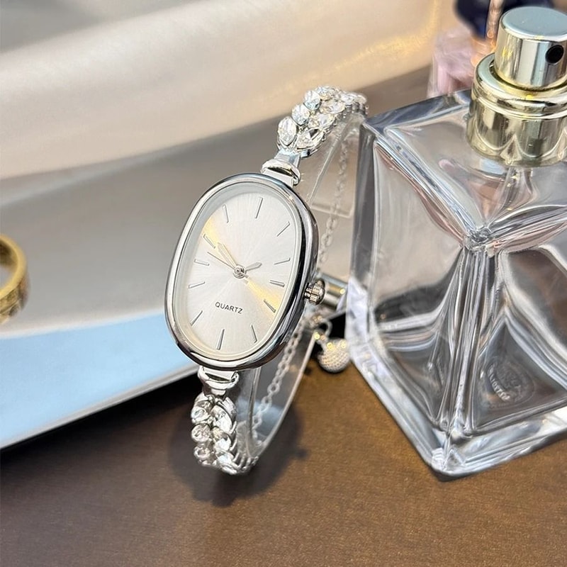 Oval LeafDiamond Bracelet Watch Super Convenient PullCord Quartz Timepiece With NatureInspired Acc 9