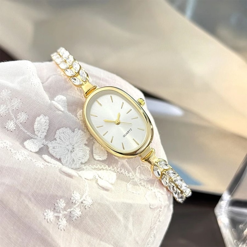 Oval LeafDiamond Bracelet Watch Super Convenient PullCord Quartz Timepiece With NatureInspired Acc 3