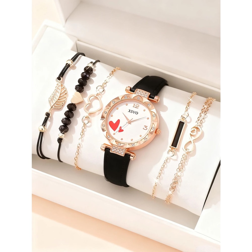 Love Diamond 6Piece Watch Jewelry Set Light Luxury Rose Gold White Fashion Collection For Women 0