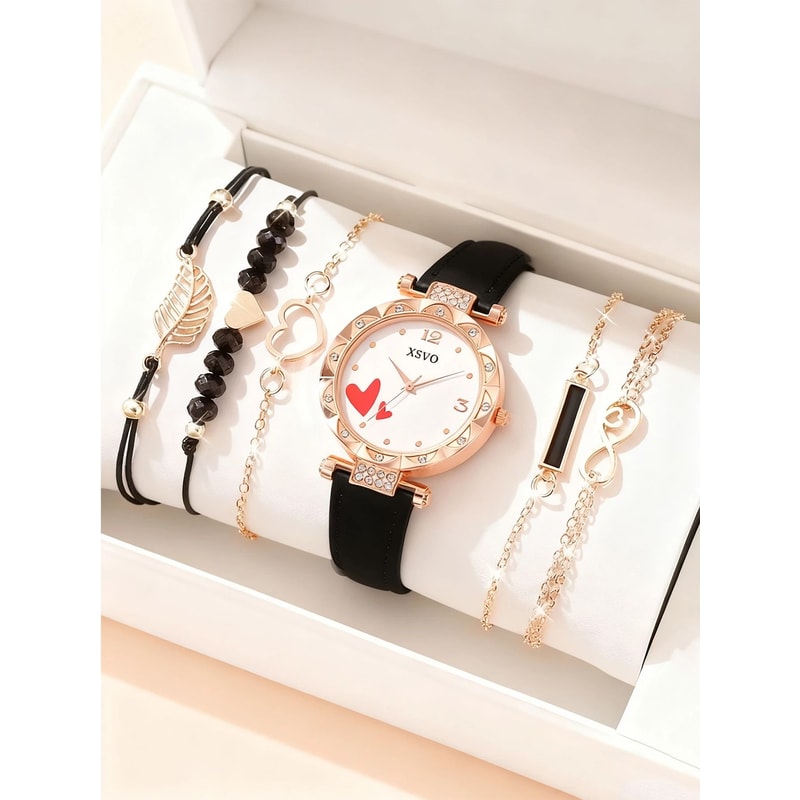 Love Diamond 6Piece Watch Jewelry Set Light Luxury Rose Gold White Fashion Collection For Women 0