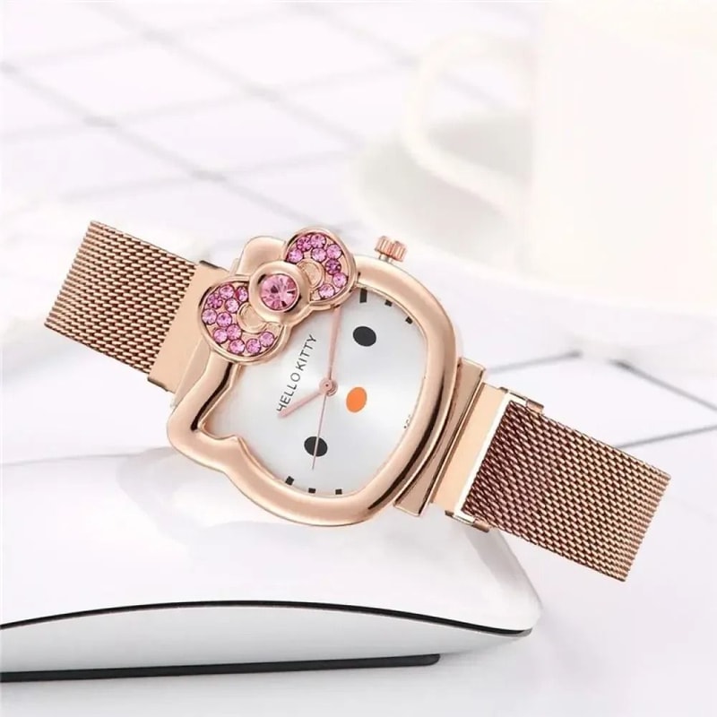 Hello Kitty Crystal Bow Magnet Watch Fashionable Sanrio Anime Quartz Timepiece For Girls Fans 3