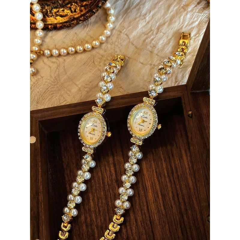 Luxurious MotherofPearl Vintage Watch Elegant Oval Timepiece With Rhinestone Inlays For Women 2