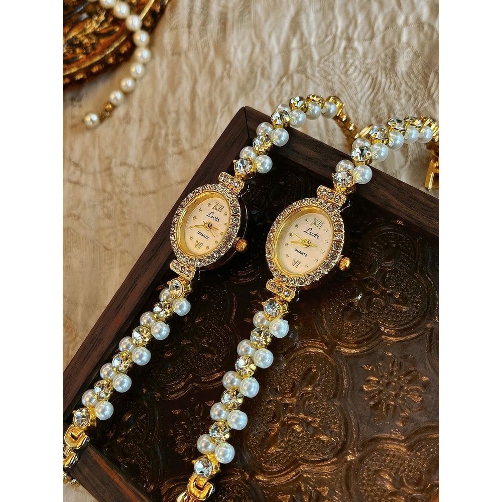 Luxurious MotherofPearl Vintage Watch Elegant Oval Timepiece With Rhinestone Inlays For Women 3