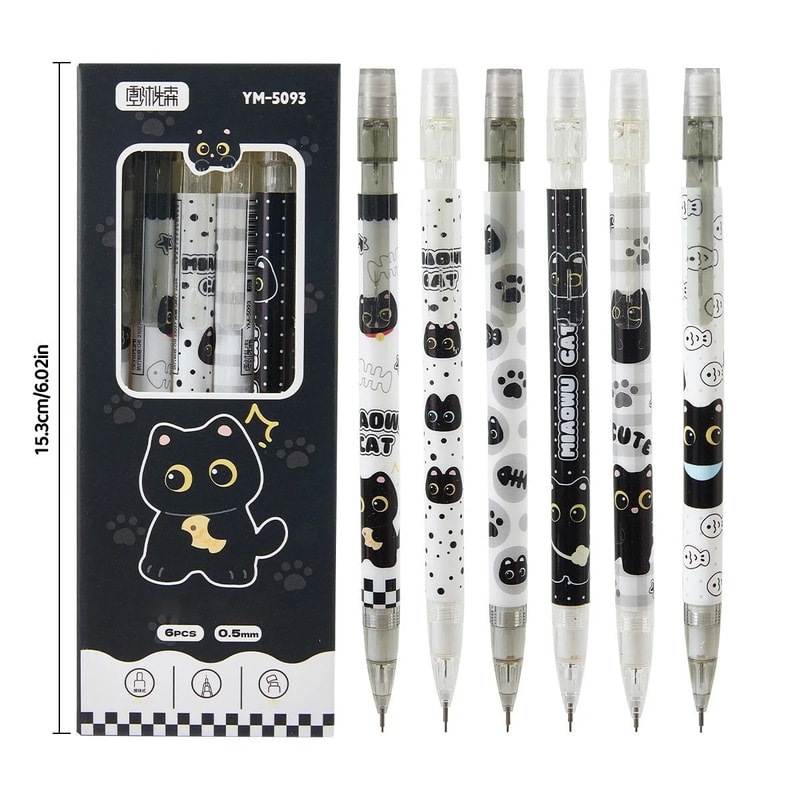 6Piece Cute Cat Mechanical Pencil Set 05mm Precision Writing Drawing Tools For School Office 2