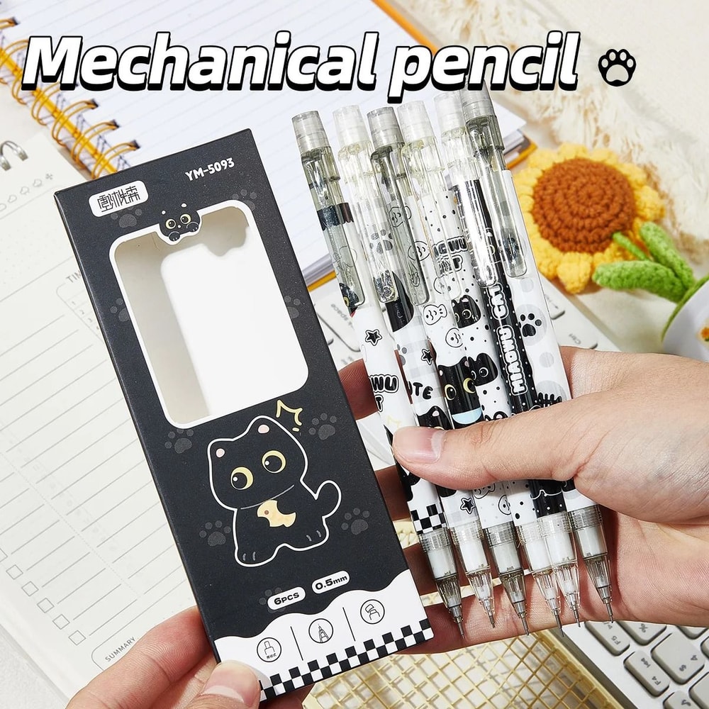 6Piece Cute Cat Mechanical Pencil Set 05mm Precision Writing Drawing Tools For School Office 3