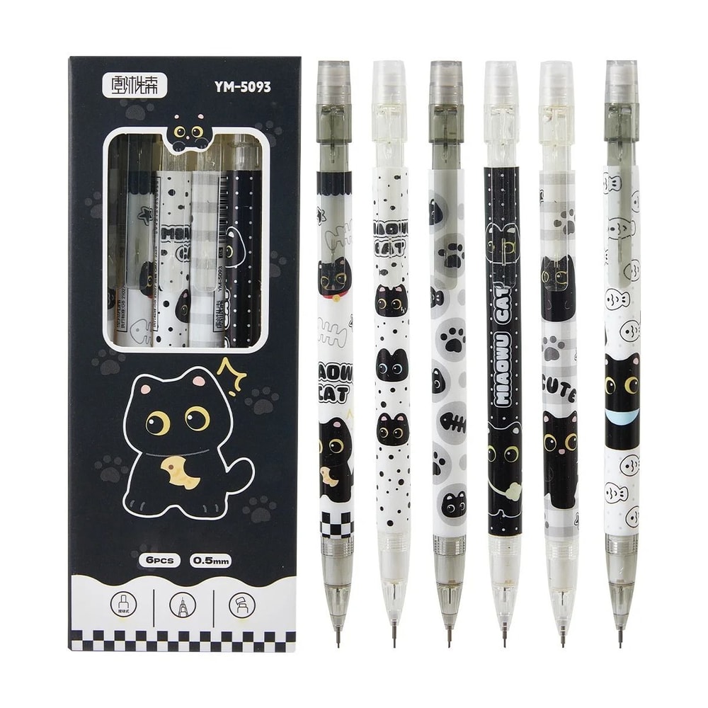6Piece Cute Cat Mechanical Pencil Set 05mm Precision Writing Drawing Tools For School Office 6