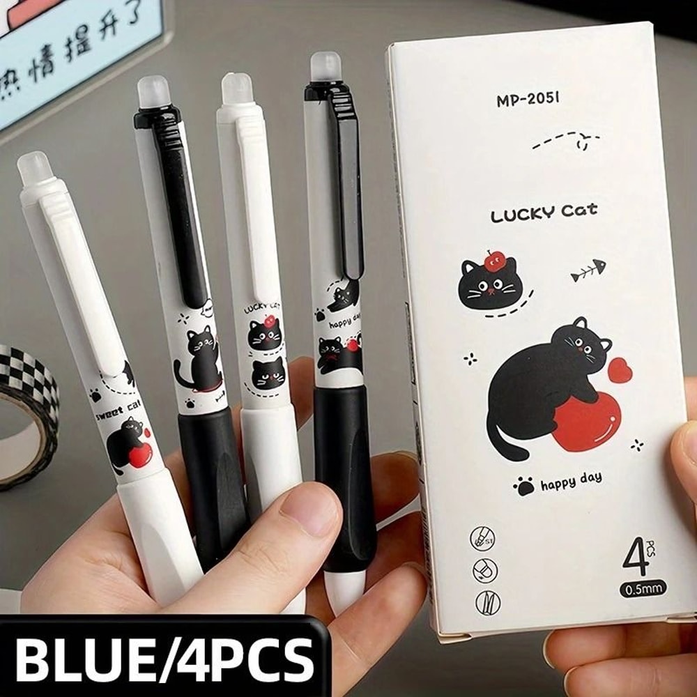 4Pack Cute Cat Erasable Gel Pen Set 05mm Precision Blue Ink For Effortless Writing Editing 3
