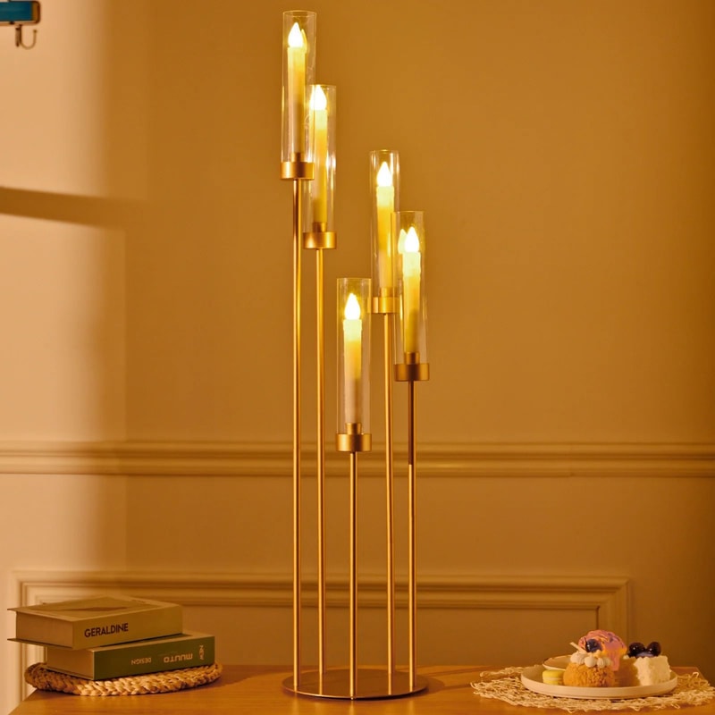 5Arm Gold Tall Floor Candelabra With Acrylic Shades 1
