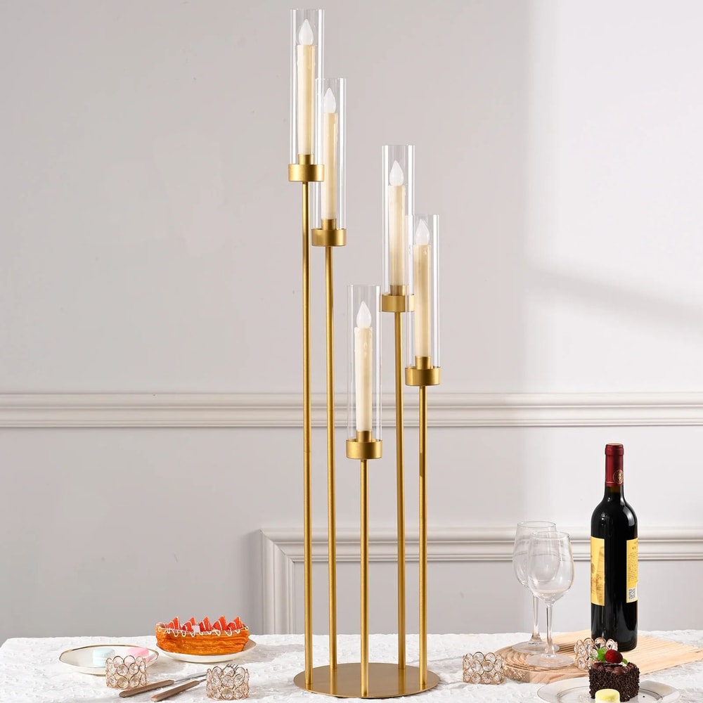 5Arm Gold Tall Floor Candelabra With Acrylic Shades 5