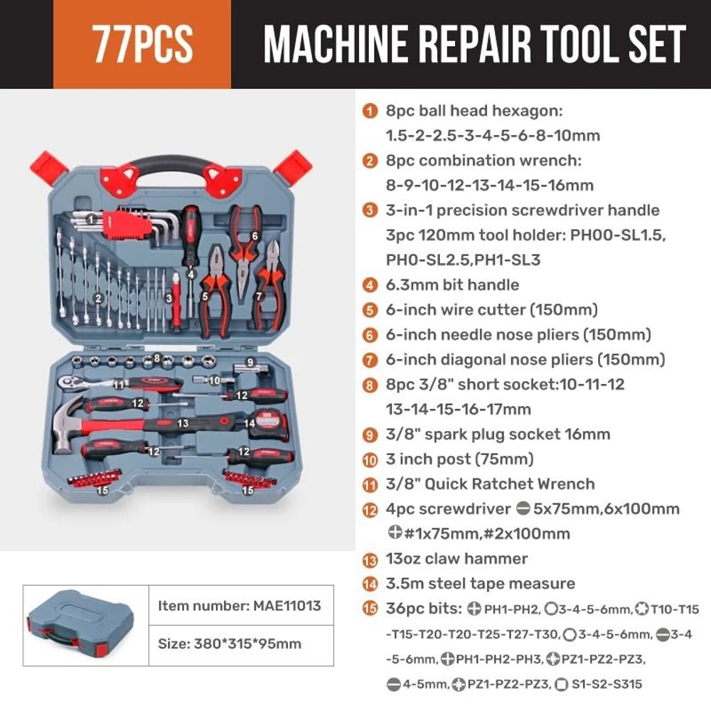 HiSpec Car Repair Tool Kit Professional 12 38 14 Socket Wrench Set 10