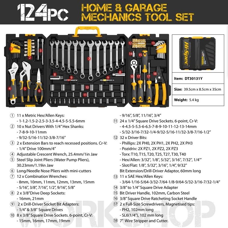 HiSpec Car Repair Tool Kit Professional 12 38 14 Socket Wrench Set 12