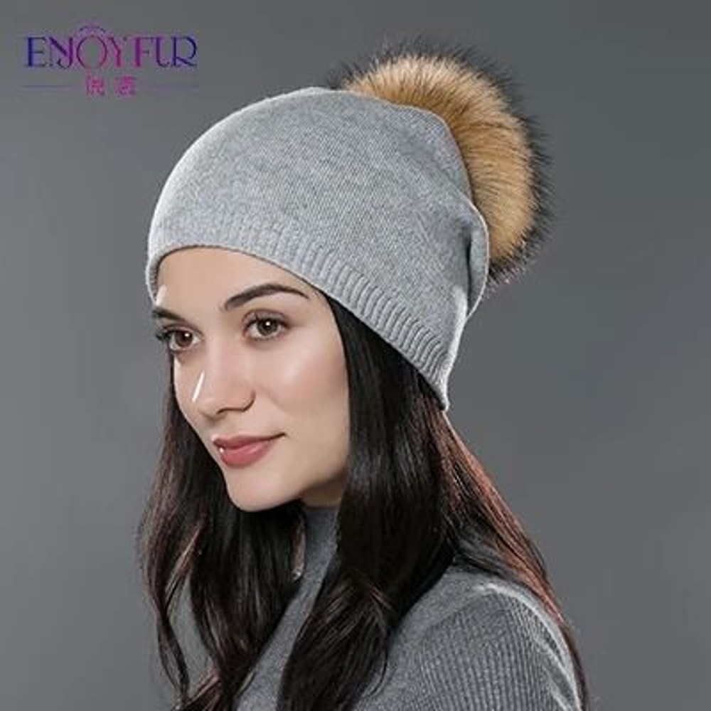 Wool Knit Beanie With Real Fur Pom Pom 10