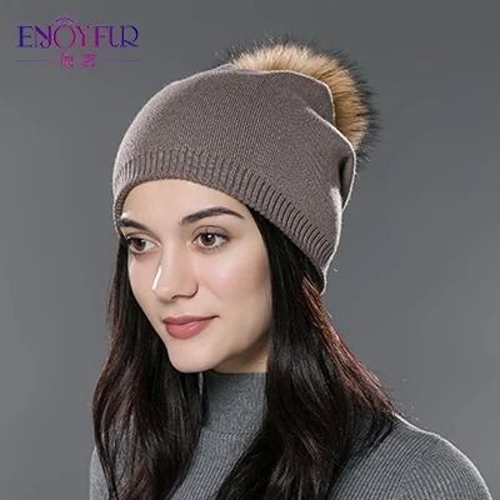 Wool Knit Beanie With Real Fur Pom Pom 11
