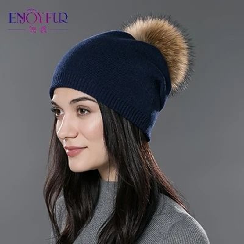 Wool Knit Beanie With Real Fur Pom Pom 13