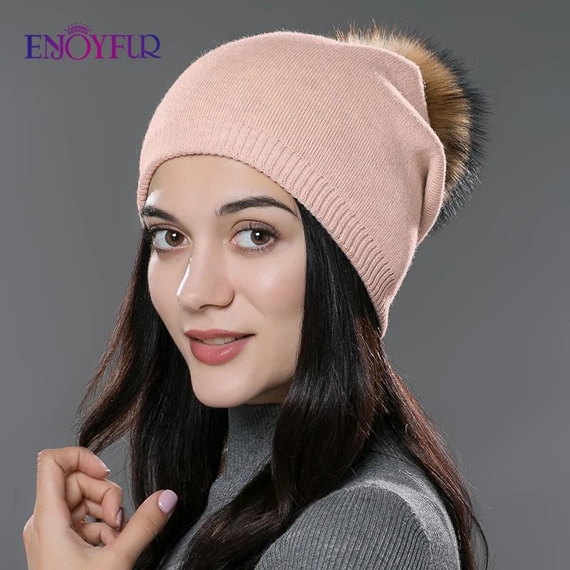Wool Knit Beanie With Real Fur Pom Pom 19