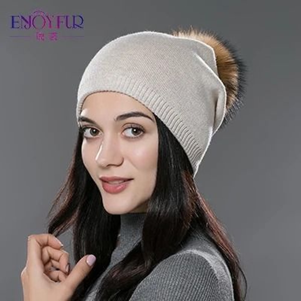 Wool Knit Beanie With Real Fur Pom Pom 8