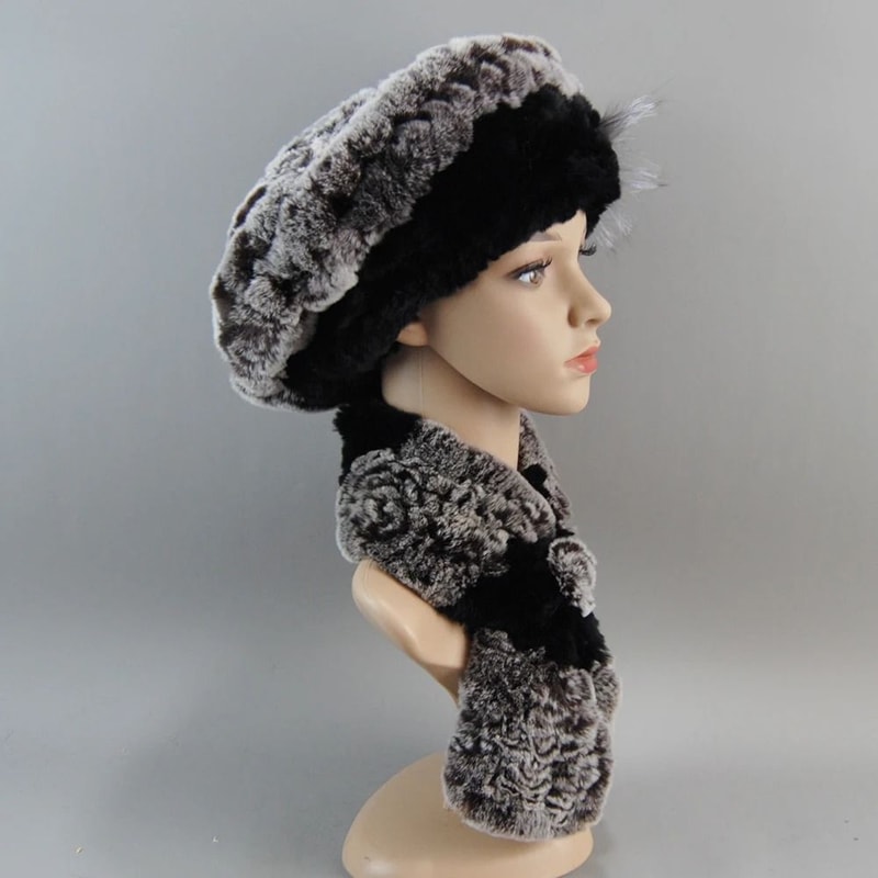 Luxury Genuine Rex Rabbit Fur Hat And Scarf Set 0