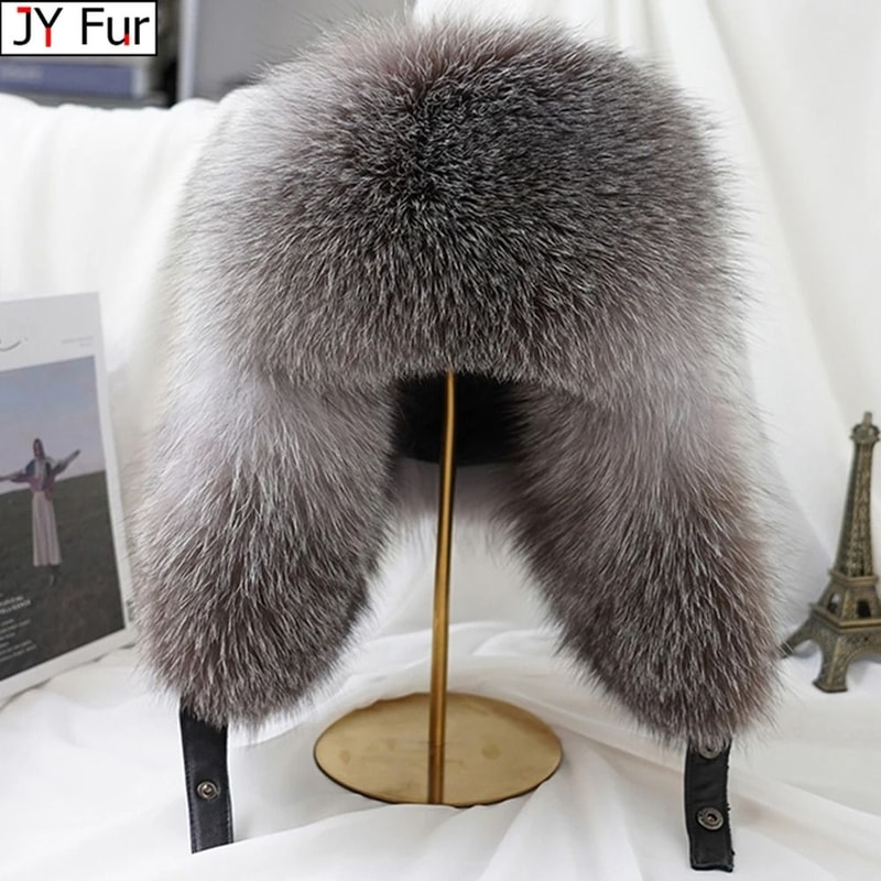 100 Real Silver Fox Fur Leather Bomber Hat 0