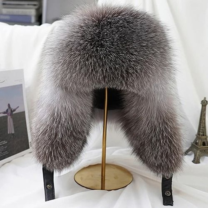 100 Real Silver Fox Fur Leather Bomber Hat 9