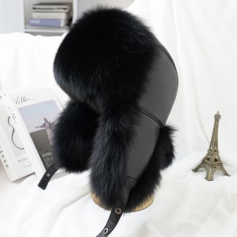 100 Real Silver Fox Fur Leather Bomber Hat 4