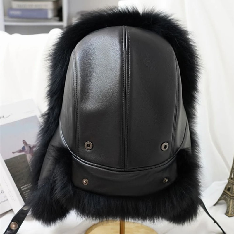 100 Real Silver Fox Fur Leather Bomber Hat 5