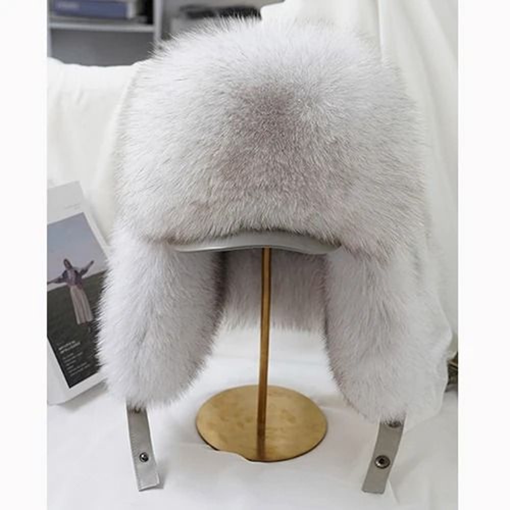 100 Real Silver Fox Fur Leather Bomber Hat 12