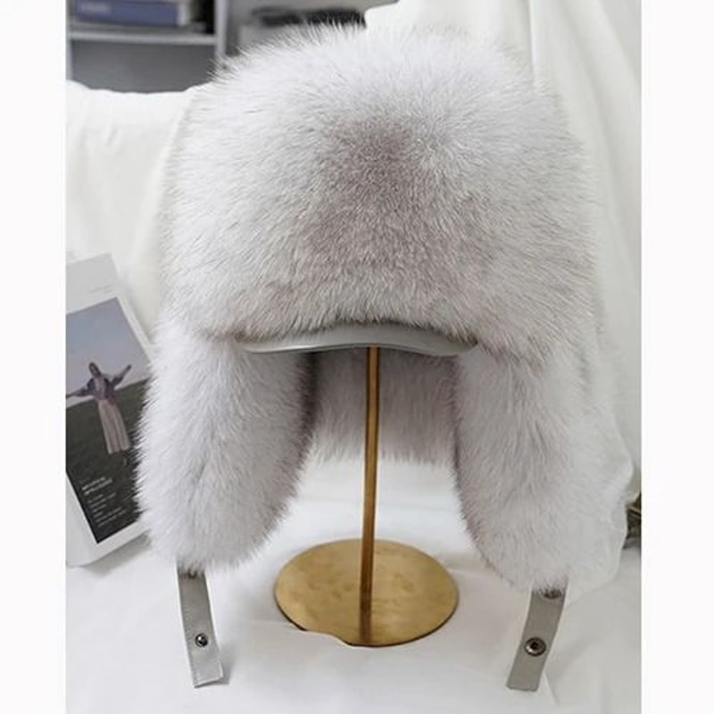 100 Real Silver Fox Fur Leather Bomber Hat 12