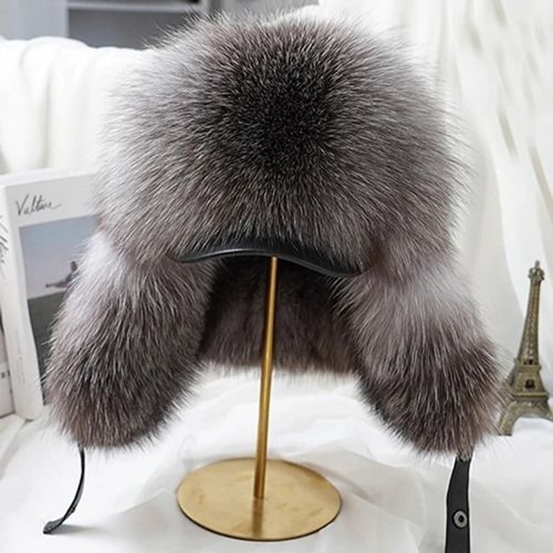 100 Real Silver Fox Fur Leather Bomber Hat 13