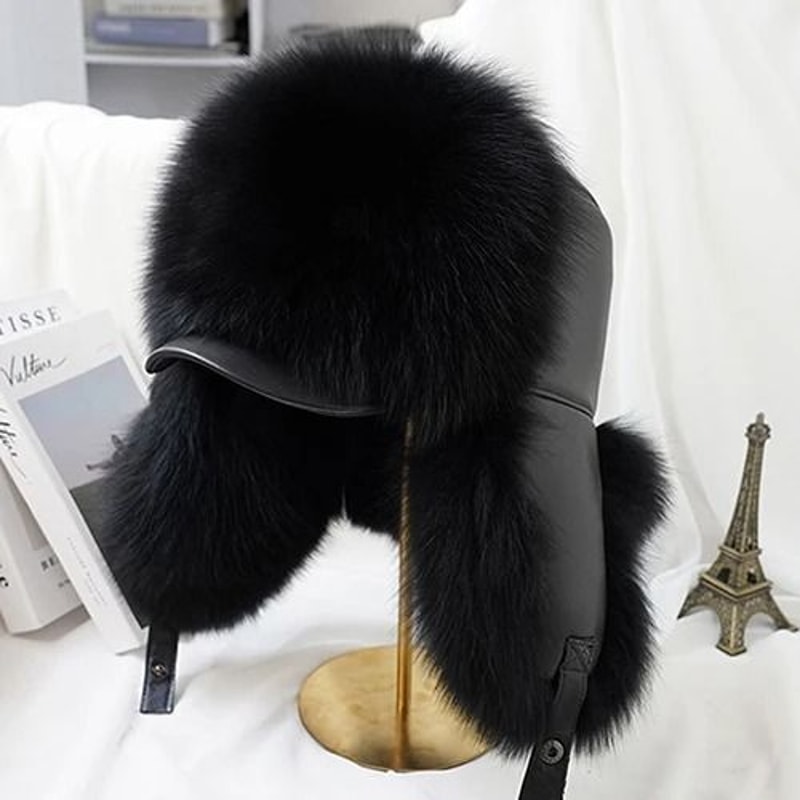 100 Real Silver Fox Fur Leather Bomber Hat 14