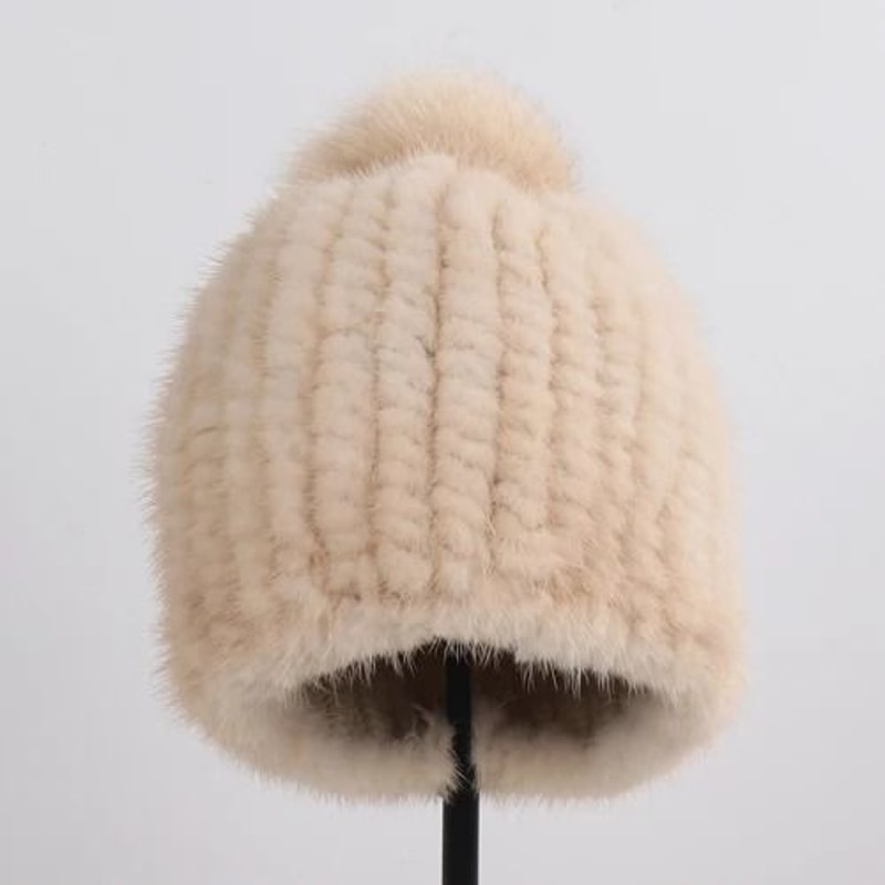 HandKnitted Genuine Mink Fur Thermal Beanie 11