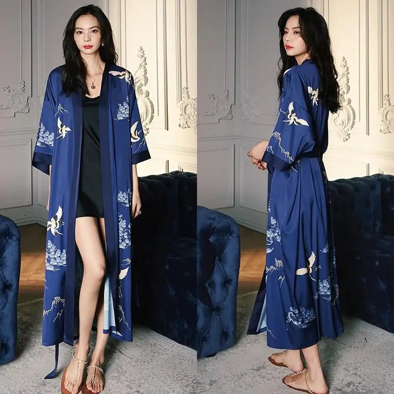 Floral Print Long Kimono Robe Nightgown Set 8